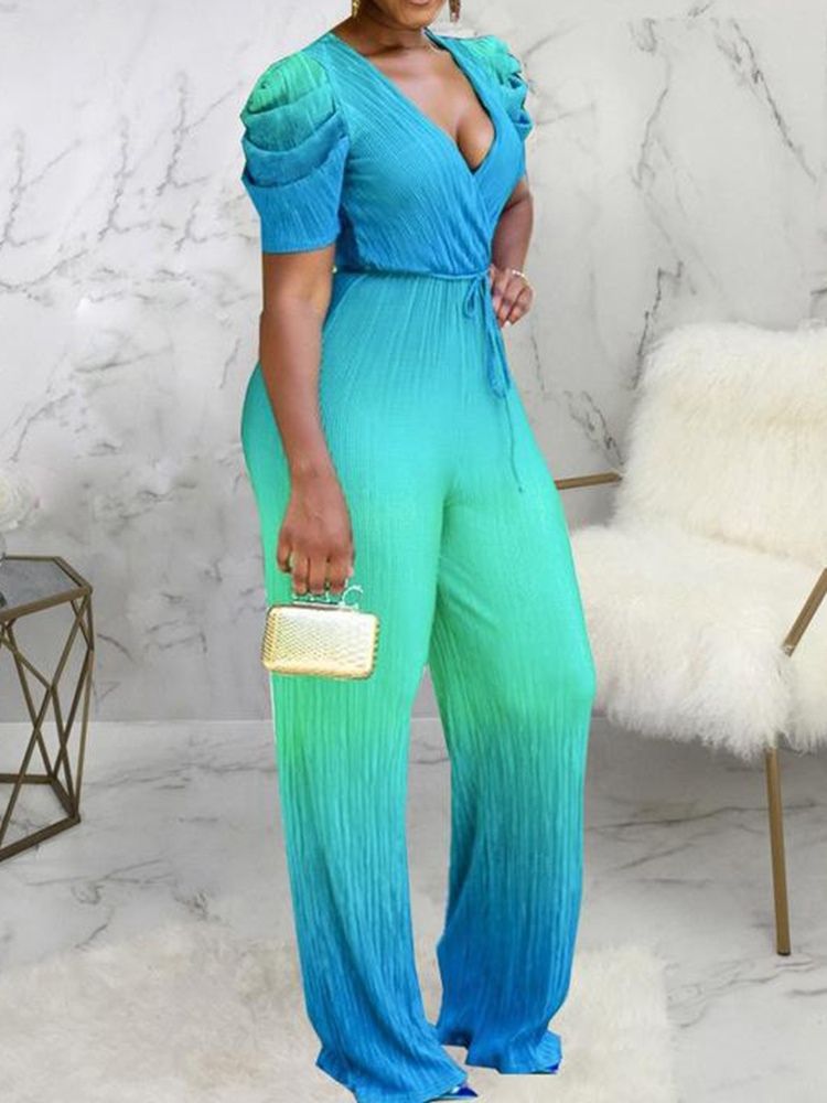 Full Längd Gradient Lace-Up Rak Jumpsuit Med Hög Midja