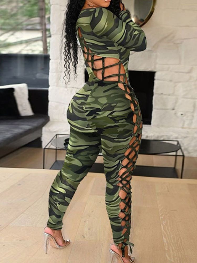 Full Längd Hollow Leopard Pencil Byxor Skinny Jumpsuit