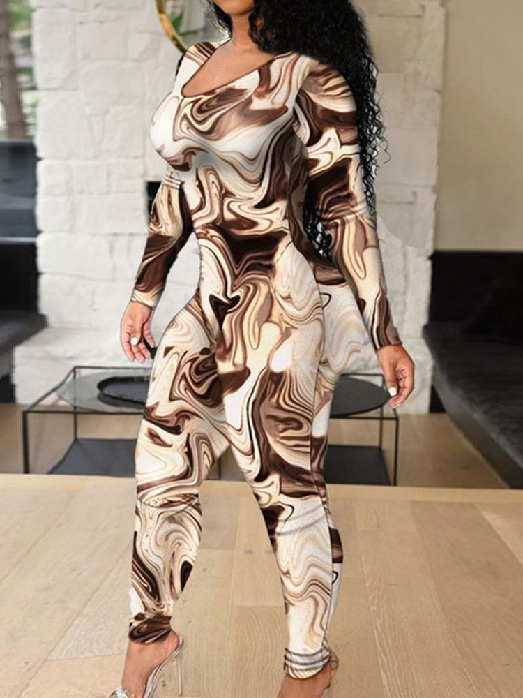 Full Längd Hollow Leopard Pencil Byxor Skinny Jumpsuit