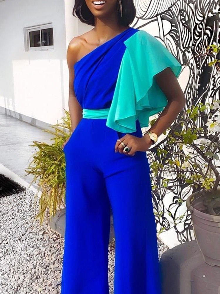 Full Längd Patchwork Color Block Slimmad Jumpsuit Med Hög Midja