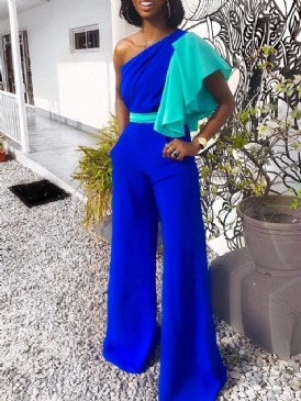 Full Längd Patchwork Color Block Slimmad Jumpsuit Med Hög Midja