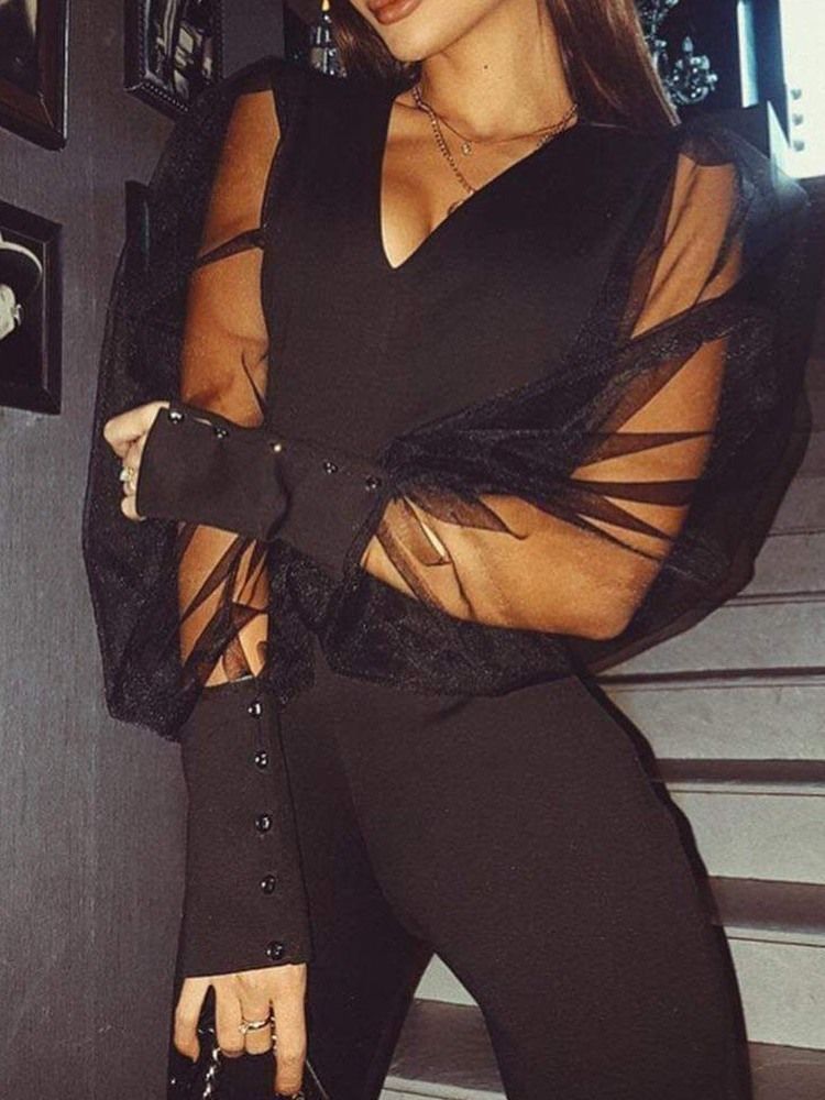Full Längd Plain Patchwork Bellbottoms Jumpsuit Med Hög Midja