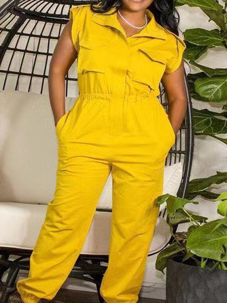 Full Längd Plain Pocket Pencil Pants Slim Jumpsuit