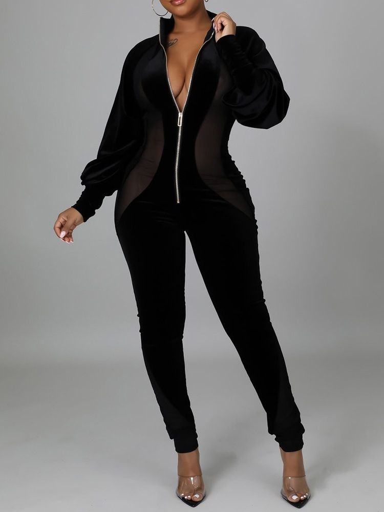 Full Längd Sexig Blixtlås Pencil Byxor Skinny Jumpsuit