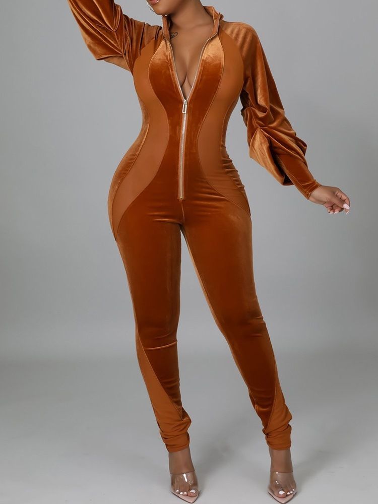Full Längd Sexig Blixtlås Pencil Byxor Skinny Jumpsuit