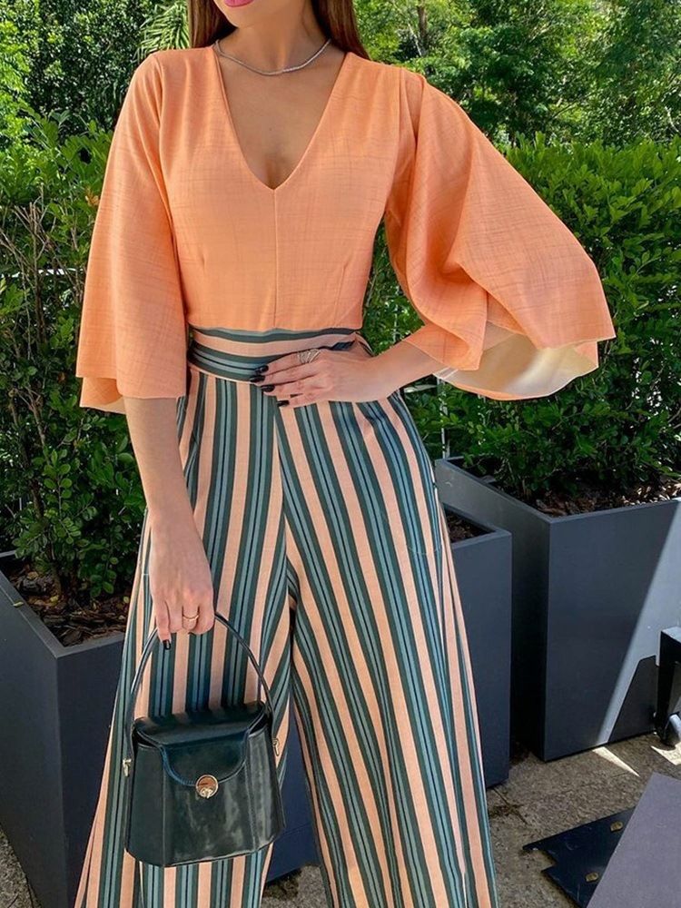 Full Längd Stripe Mode Lös Rak Jumpsuit