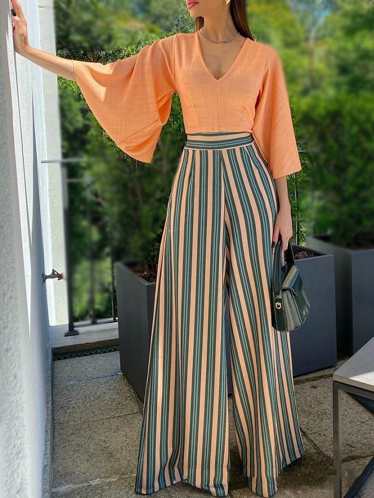Full Längd Stripe Mode Lös Rak Jumpsuit