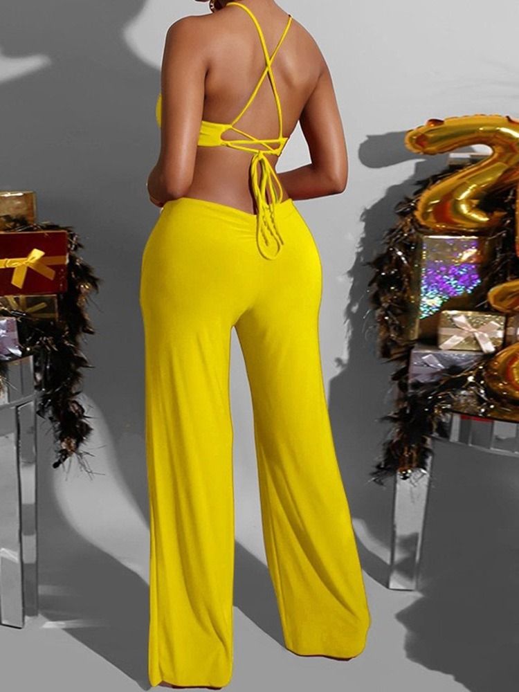 Full Längd Vanlig Backless Slim Mid Waist Jumpsuit För Kvinnor