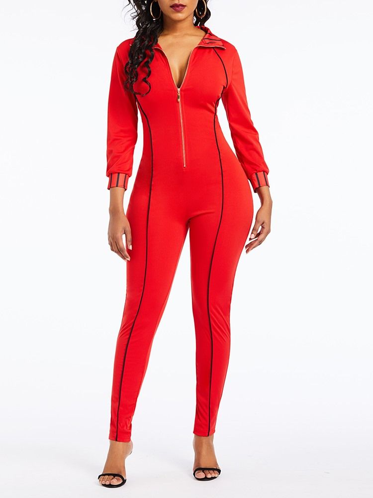 Full Längd Vanlig Dragkedja Slim Pencil Byxor Jumpsuit