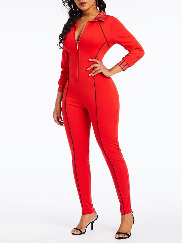 Full Längd Vanlig Dragkedja Slim Pencil Byxor Jumpsuit