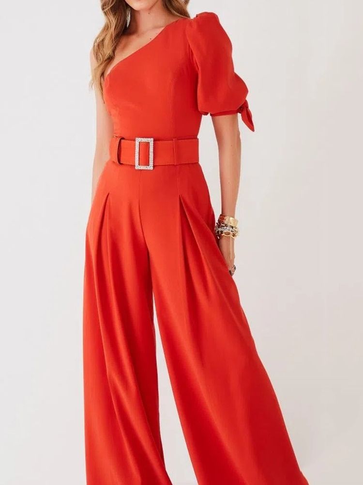 Full Längd Vanlig Hög Midja Mode Lös Jumpsuit