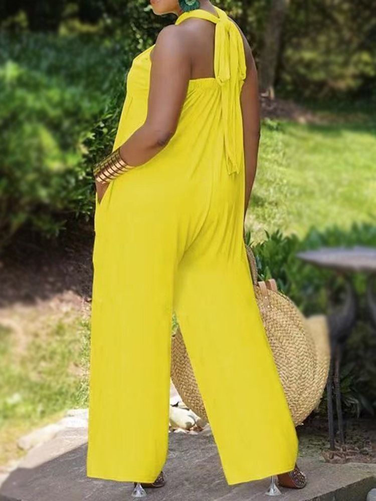 Full Längd Vanlig Ladylike Lös Rak Jumpsuit
