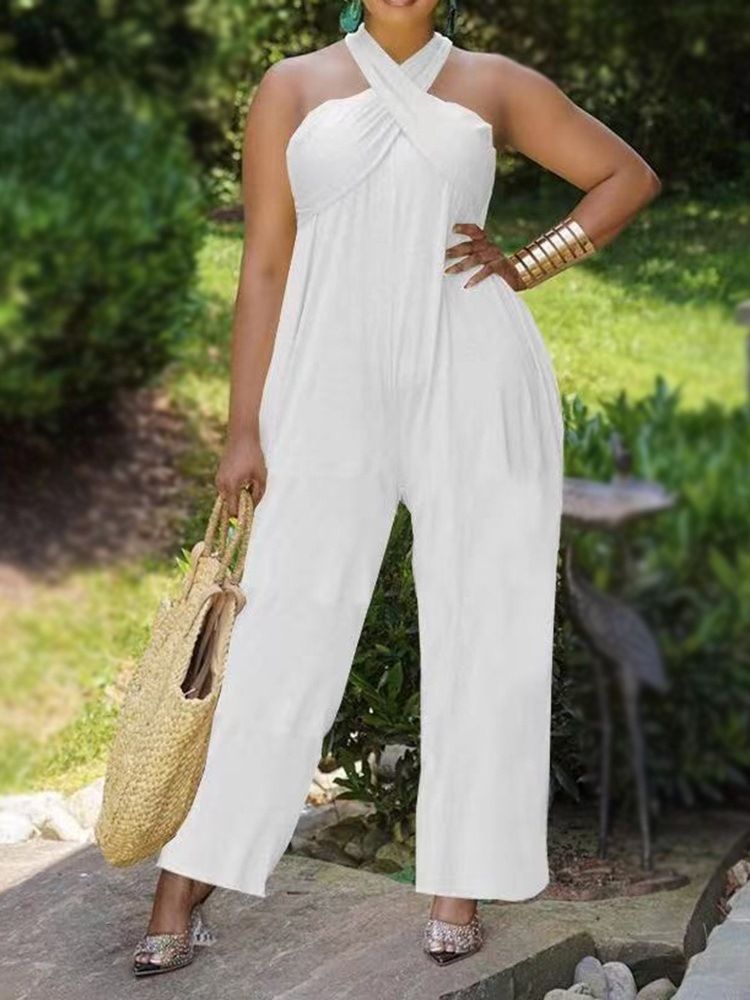 Full Längd Vanlig Ladylike Lös Rak Jumpsuit