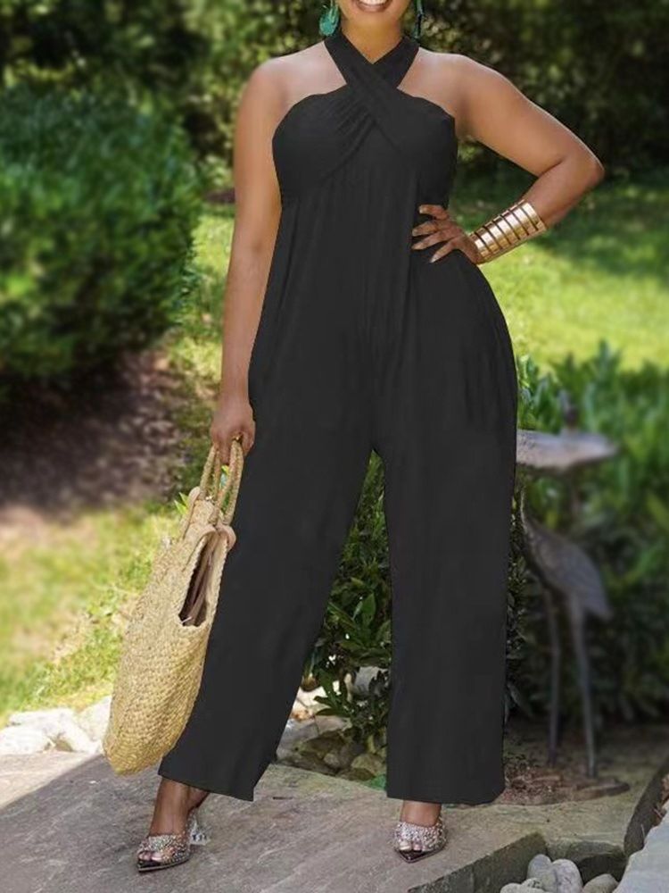 Full Längd Vanlig Ladylike Lös Rak Jumpsuit
