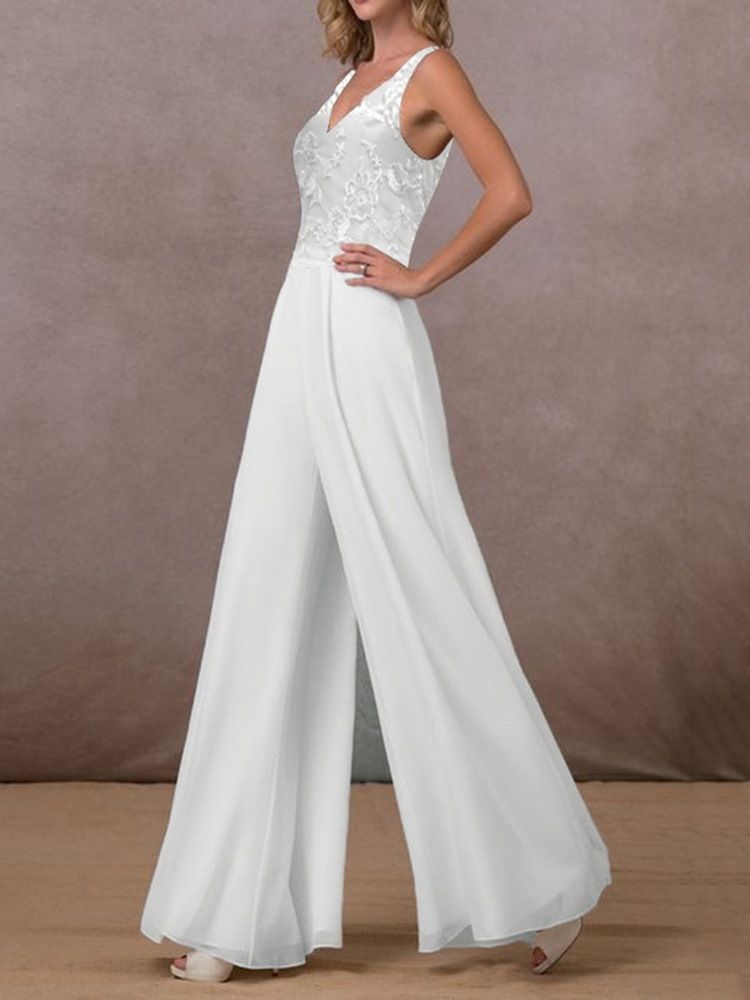 Full Längd Vanligt Broderi Breda Ben Jumpsuit Med Mitten Av Midjan