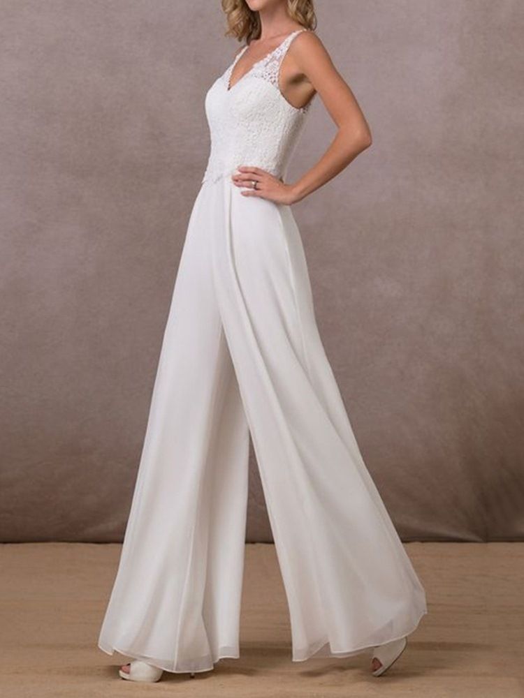 Full Längd Vanligt Broderi Breda Ben Jumpsuit Med Mitten Av Midjan