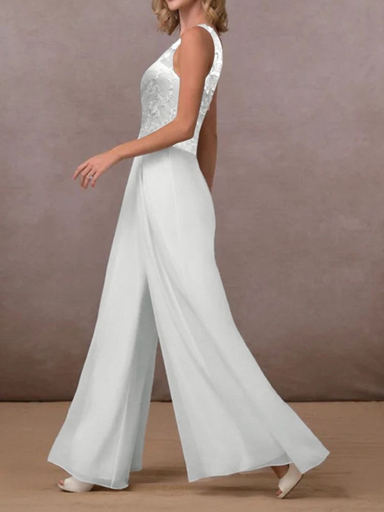 Full Längd Vanligt Broderi Breda Ben Jumpsuit Med Mitten Av Midjan