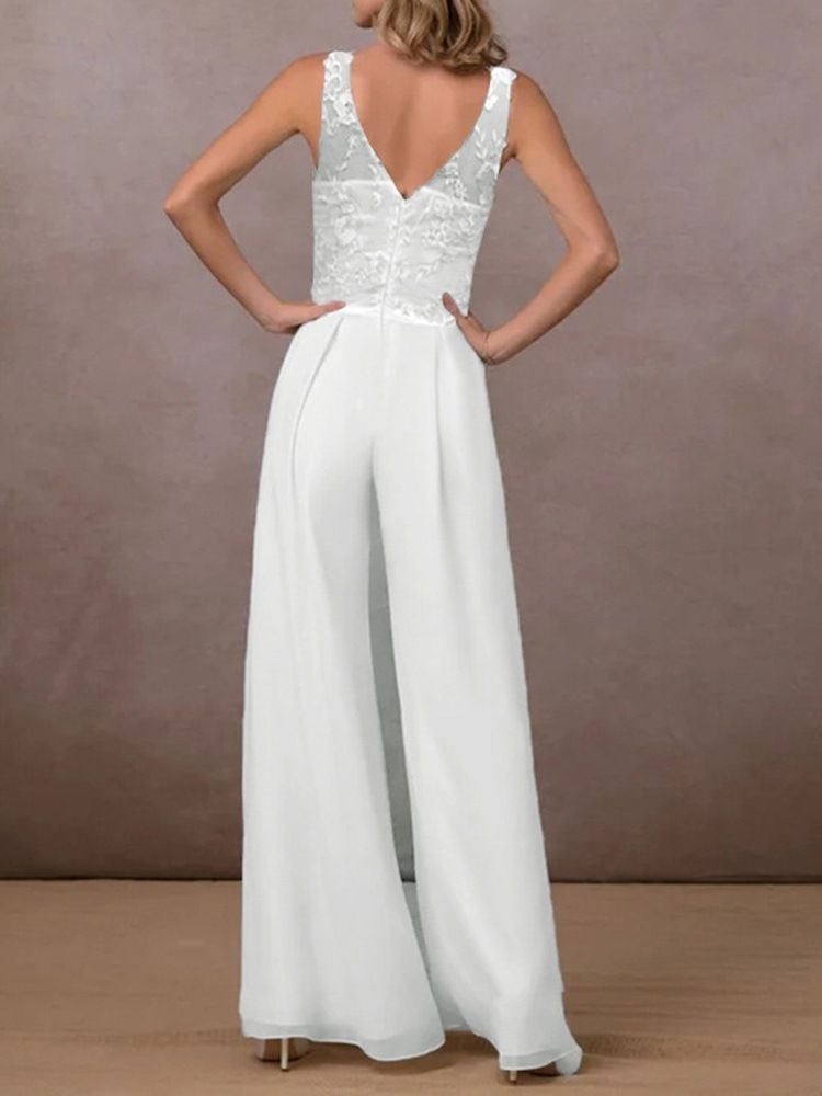 Full Längd Vanligt Broderi Breda Ben Jumpsuit Med Mitten Av Midjan