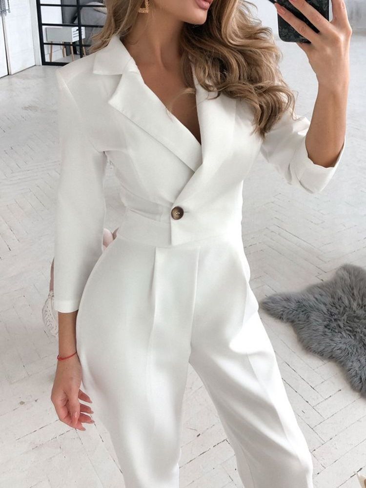 Fullängd Office Lady Plain Slim Mid Waist Blazer Jumpsuit