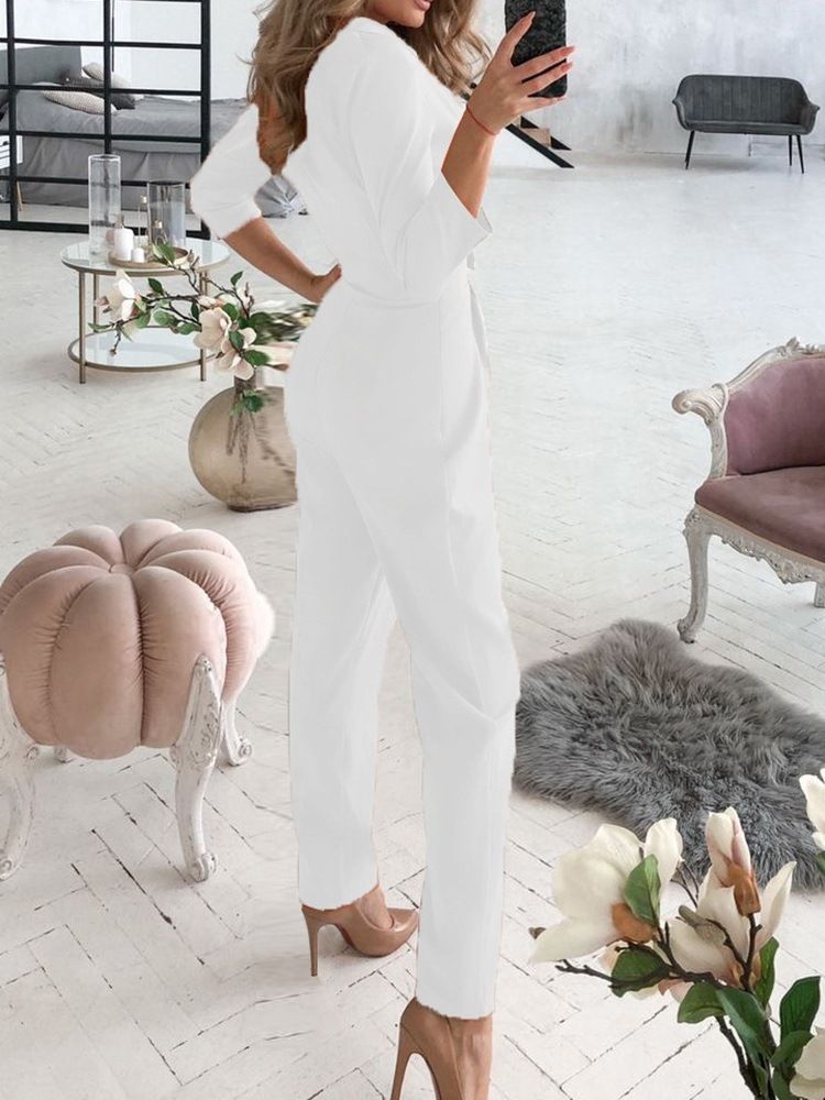 Fullängd Office Lady Plain Slim Mid Waist Blazer Jumpsuit