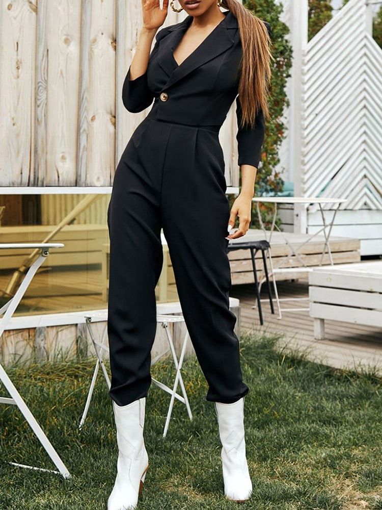 Fullängd Office Lady Plain Slim Mid Waist Blazer Jumpsuit