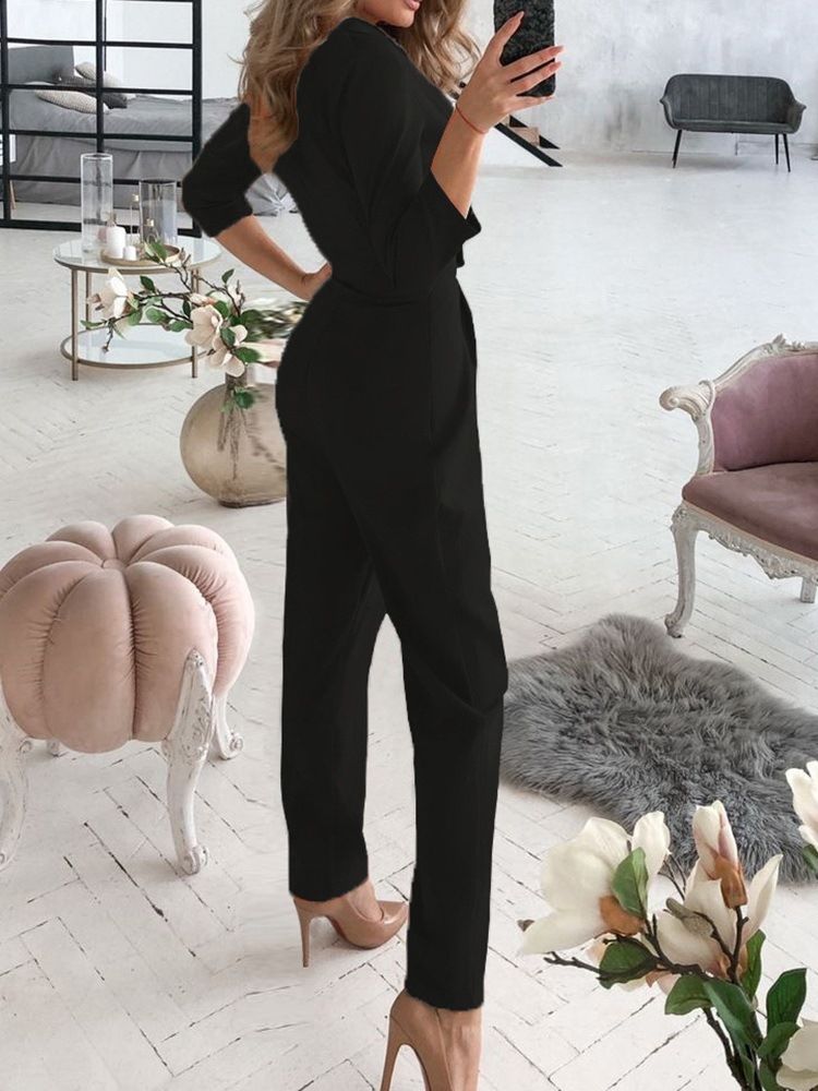 Fullängd Office Lady Plain Slim Mid Waist Blazer Jumpsuit
