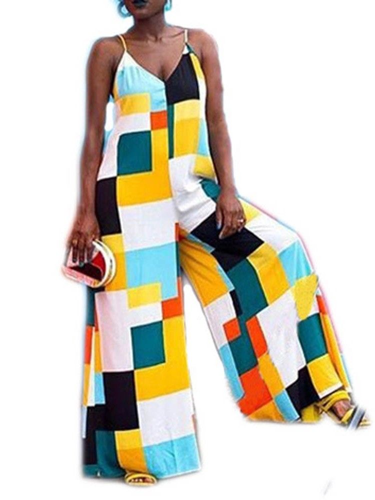 Fullängds Färgblock Casual Kvinnors Breda Ben Lös Jumpsuit