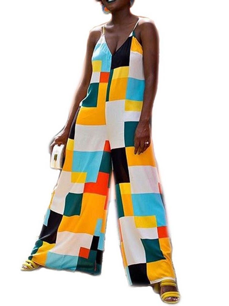 Fullängds Färgblock Casual Kvinnors Breda Ben Lös Jumpsuit