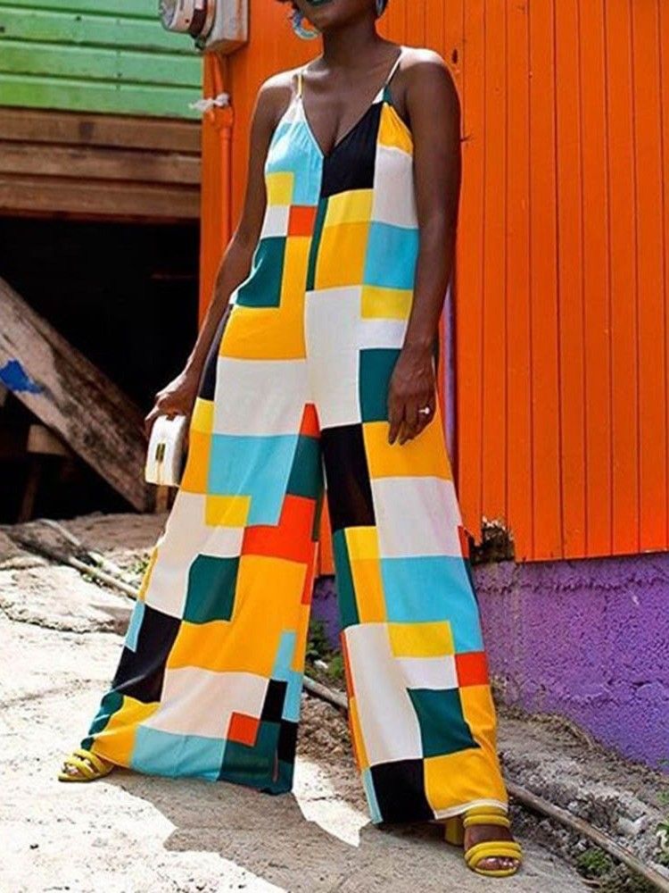 Fullängds Färgblock Casual Kvinnors Breda Ben Lös Jumpsuit