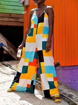 Fullängds Färgblock Casual Kvinnors Breda Ben Lös Jumpsuit