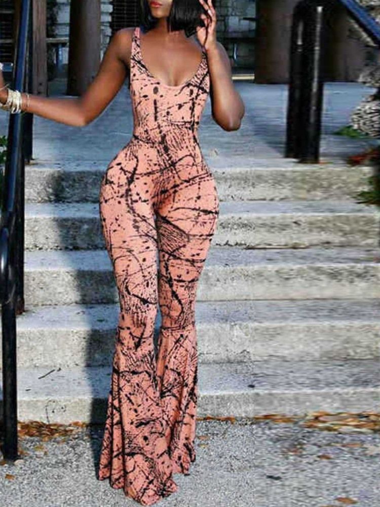 Fullängds Västerländskt Tryck Slim Bellbottoms Jumpsuit För Kvinnor