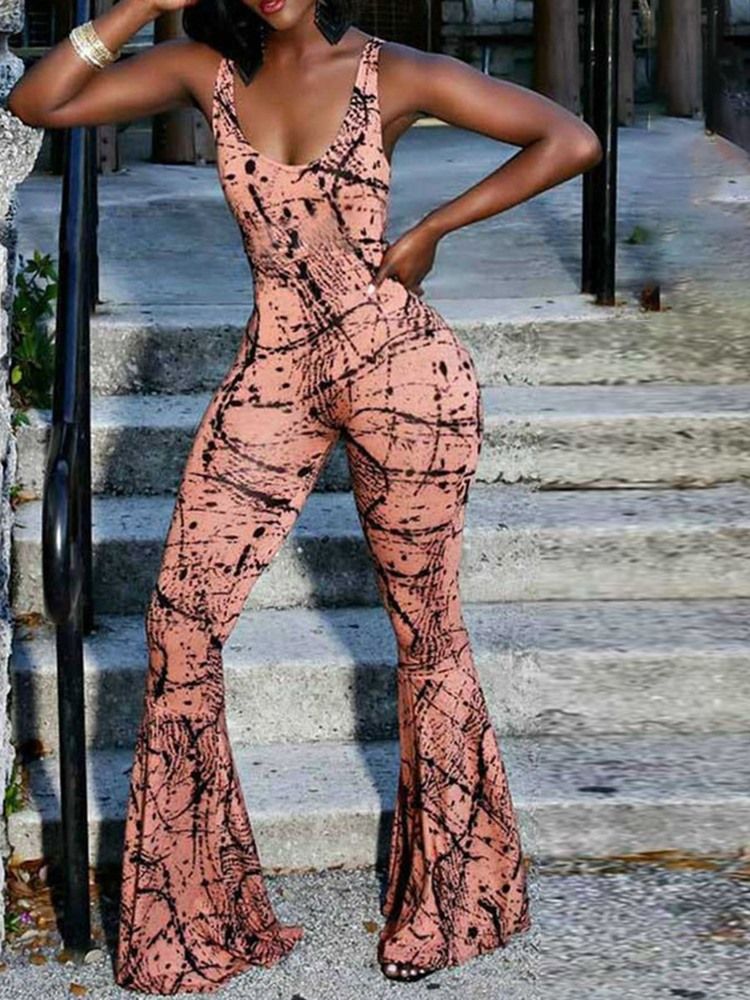 Fullängds Västerländskt Tryck Slim Bellbottoms Jumpsuit För Kvinnor