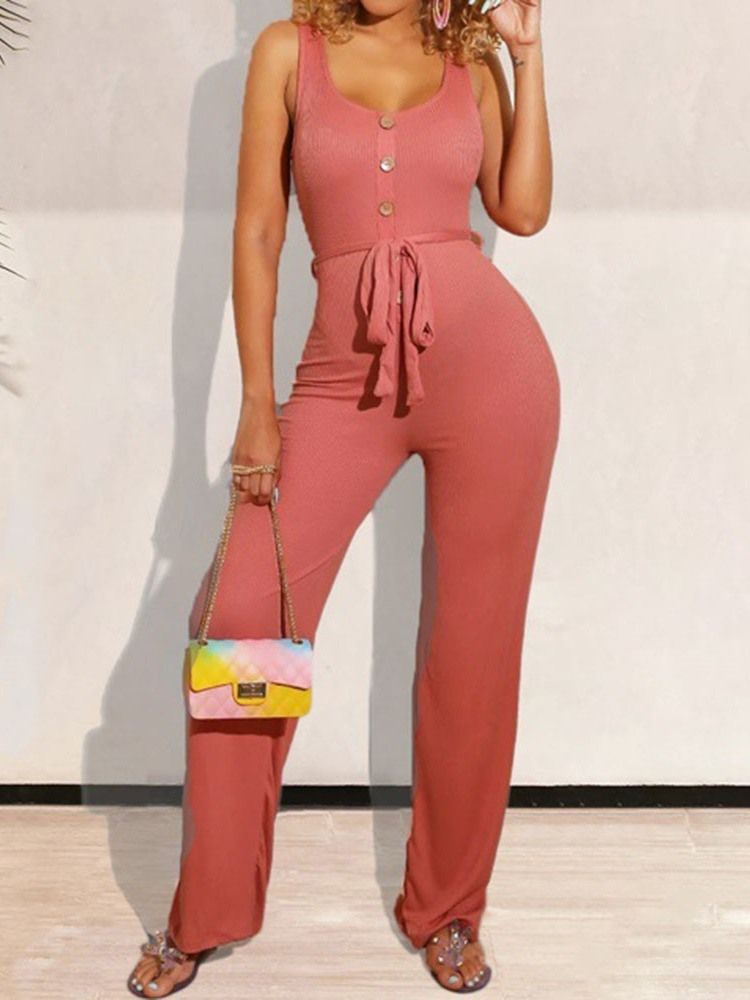 Fullängdsknapp Casual Rak Slim Jumpsuit För Kvinnor