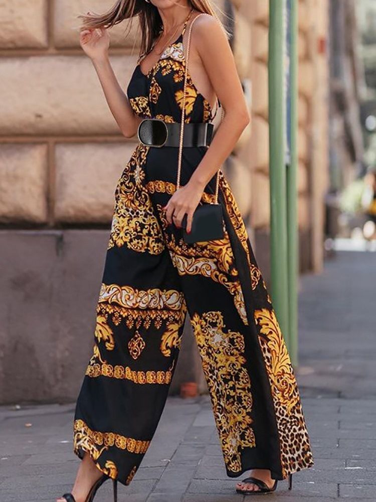 Geometrisk Ladylike Backless Loose Wide Legs Jumpsuit