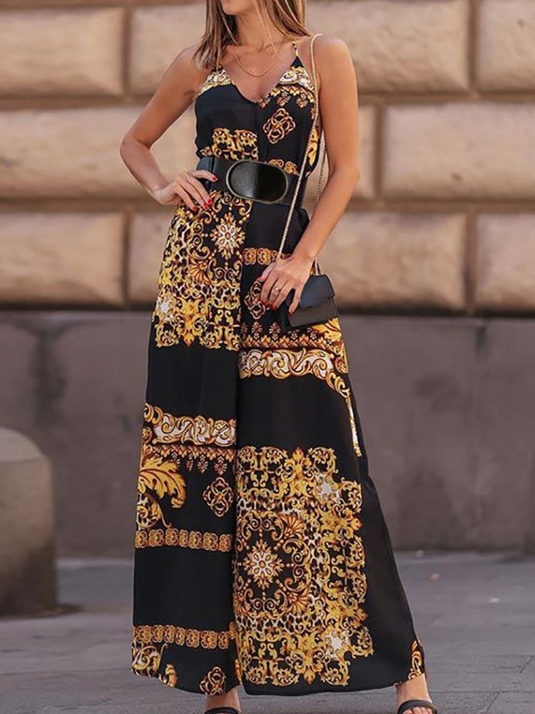 Geometrisk Ladylike Backless Loose Wide Legs Jumpsuit