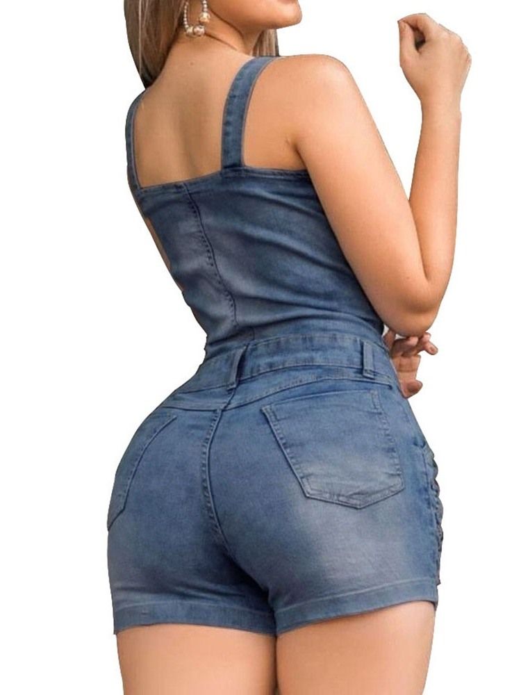 Hål Enkel Knapp Denim Skinny Romper