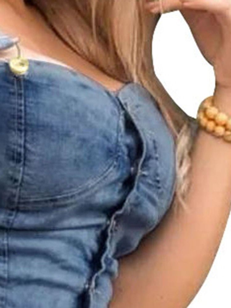 Hål Enkel Knapp Denim Skinny Romper