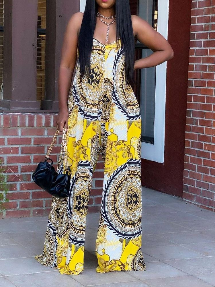 Hellängd Casual Print Rak Lös Jumpsuit För Kvinnor