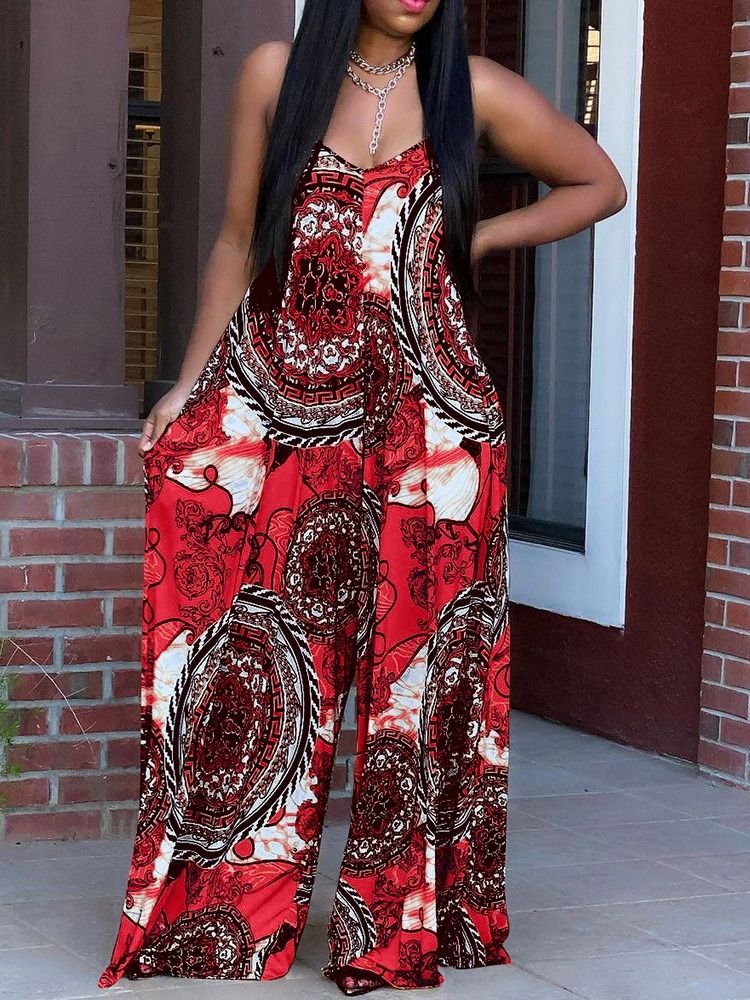 Hellängd Casual Print Rak Lös Jumpsuit För Kvinnor