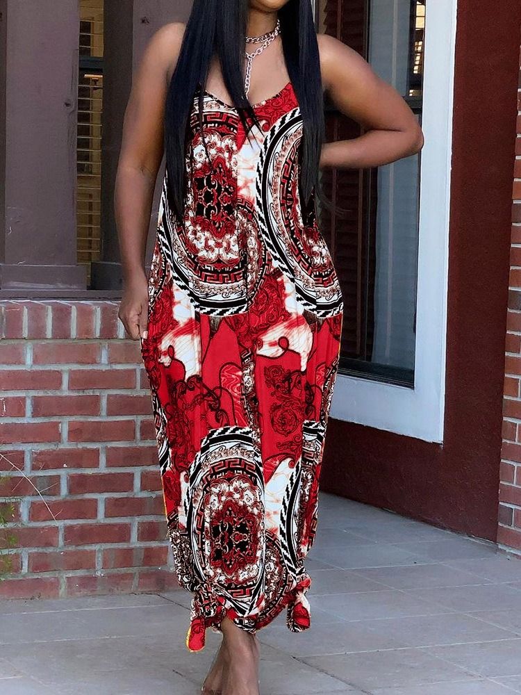 Hellängd Casual Print Rak Lös Jumpsuit För Kvinnor