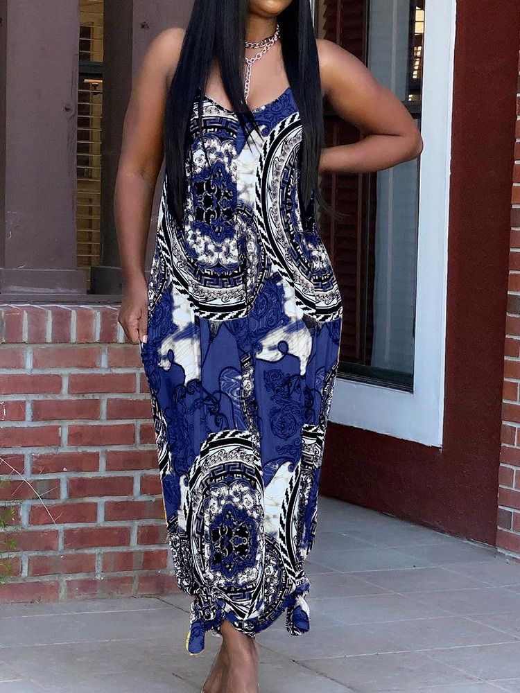 Hellängd Casual Print Rak Lös Jumpsuit För Kvinnor