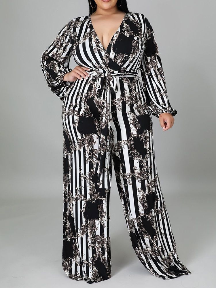 Hellängd Västerländsk Geometrisk Hög Midja Lös Jumpsuit