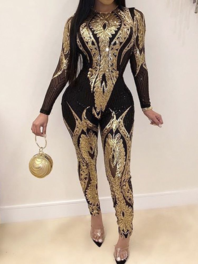 Hellängds Paljetter Casual Slim Jumpsuit För Kvinnor