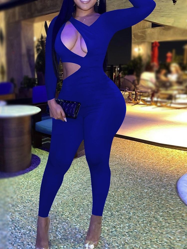 Ihålig Fotled Längd Vanlig Skinny Pencil Byxor Jumpsuit