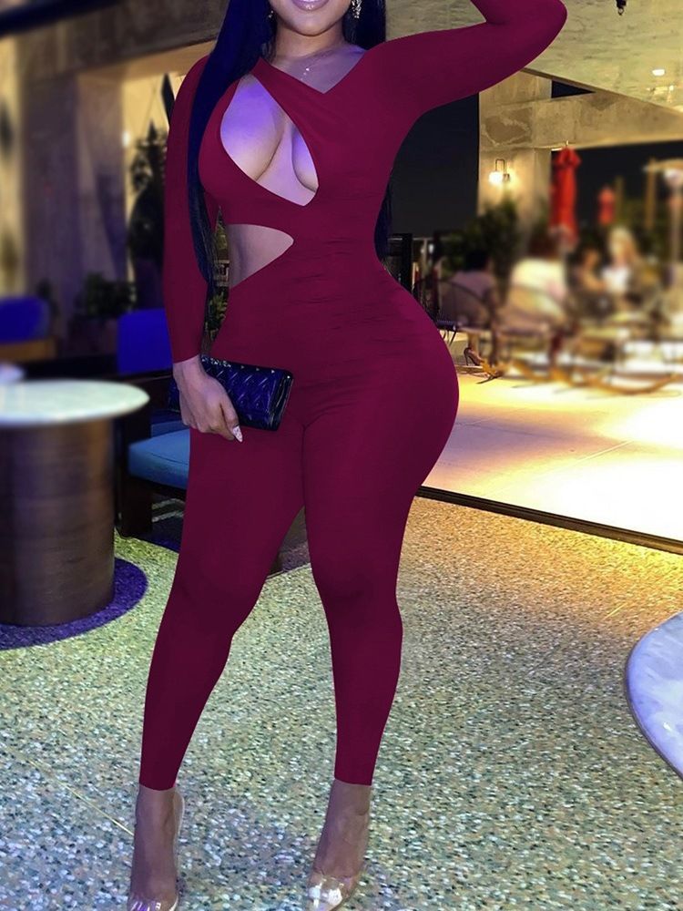 Ihålig Fotled Längd Vanlig Skinny Pencil Byxor Jumpsuit