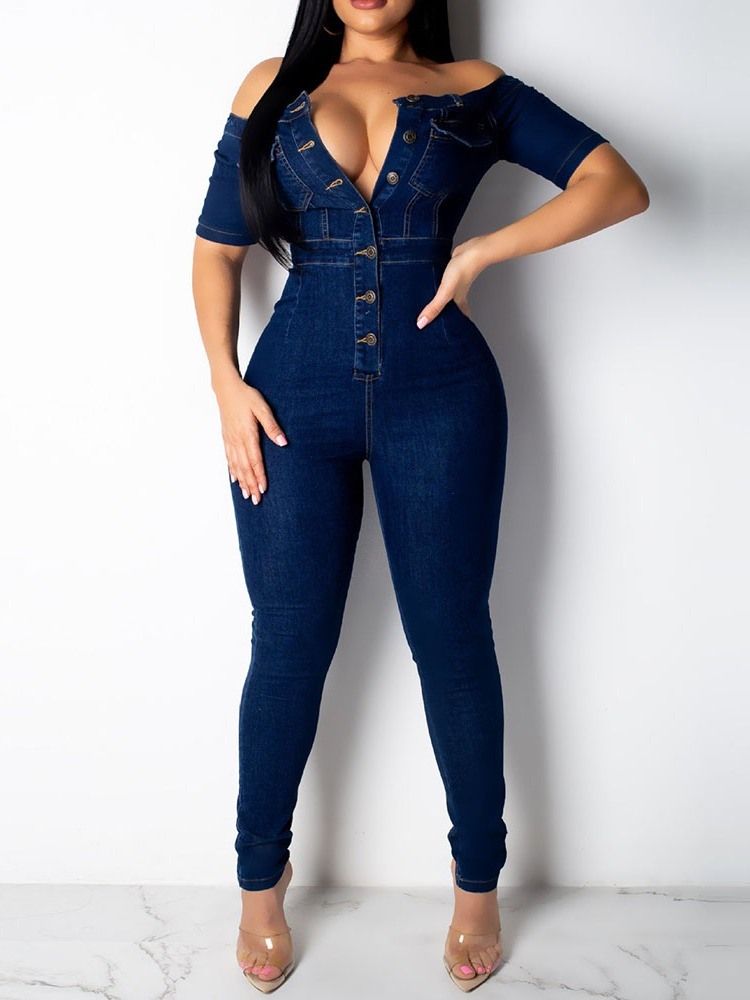 Knapp Denim Vanlig Skinny Jumpsuit