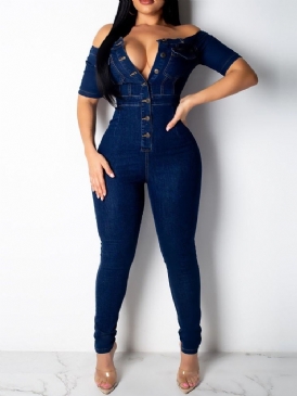 Knapp Denim Vanlig Skinny Jumpsuit