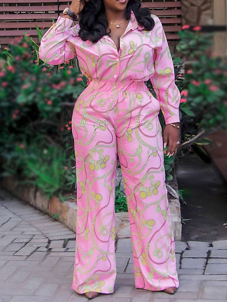 Knapp Full Längd Geometrisk Slim Rak Jumpsuit