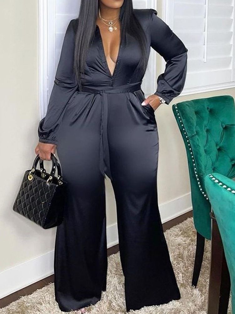 Lace-Up Plain Western Slim Straight Jumpsuit
