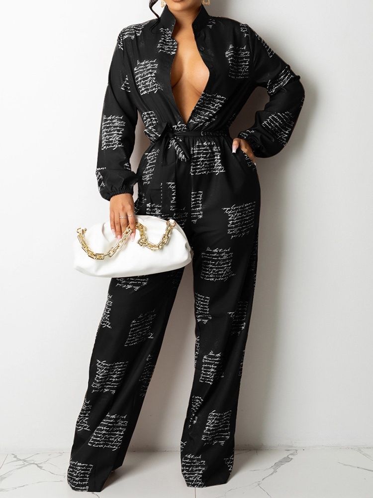 Letter Sweet Lace-Up Lös Rak Jumpsuit